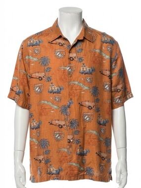 100% Silk Hawaiian Resort Shirt Paradise Collection Orange Statement Button Up